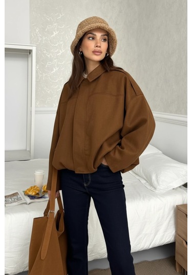 Cemo Basic Crop Gömlek Ceket Shacket Camel Basic, Crop, Gömlek Kahve