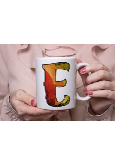 E Harf Yaprak Renkleri İle Kupa Bardak - Kişiye Özel Alfabe Harfli Bardak - Hediye Beyaz