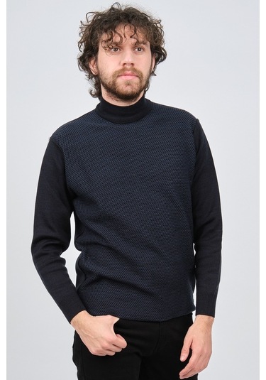 Çizgi Triko Erkek Yarım Balıkçı Yaka Desenli Kazak 42564229 Açık Açık Lacivert