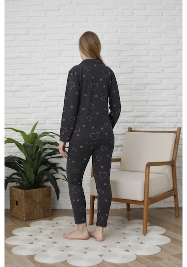 Fames Pijama Uzunkol Düğmeli Penye Pijama Takimi Kalpli Pembe