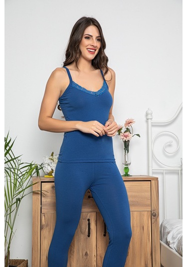 Kadın Saks Renkli Dantel Detaylı Şortlu Ve Taytlı Pijama Takımı 3'lü Set 75001 Saks