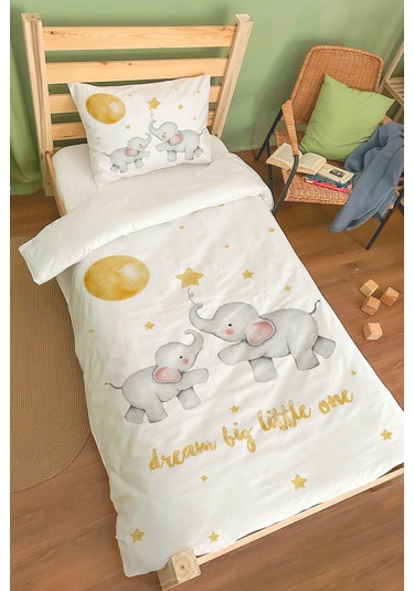 Organik Tek Kişilik Nevresim Takımı 160x220 - Hayalperest Fil Renkli