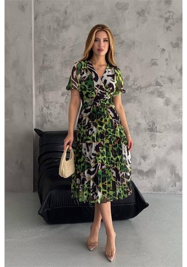 Neşeli Butik Kadın Yeşil Kruvaze Yaka Desenli Şifon Elbise Nbq001 Yeşil