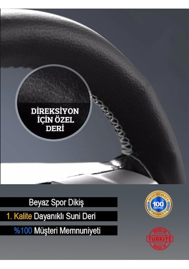 Ford Ka İçin Uyumlu Özel Süper Deri Direksiyon Kılıfı, Dikmeli Beyaz Spor Dikiş