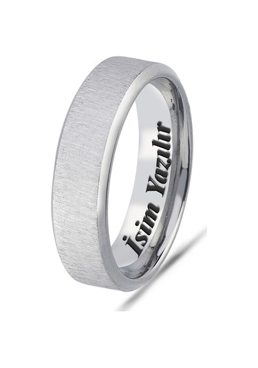 Takı Dükkanı Kişiye Özel İsim Yazılı Köşeli 6mm Mat Fırçalanmış Düz Unisex Çelik Yüzük Alyans Cl47y Beyaz