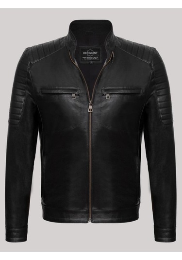 Hakiki Kuzu Derisi Siyah Erkek Deri Mont Omuz Kol Işlemeli Slim Fit Deri Ceket Siyah