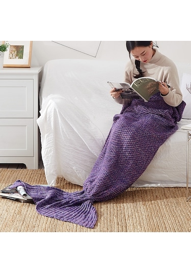 Sones Denizkızı Kuyruğu Battaniye Yetişkinler İçin Süper Yumuşak Uyku Örme Battaniyeler, Boyut: 140 X 70 Cm Menekşe