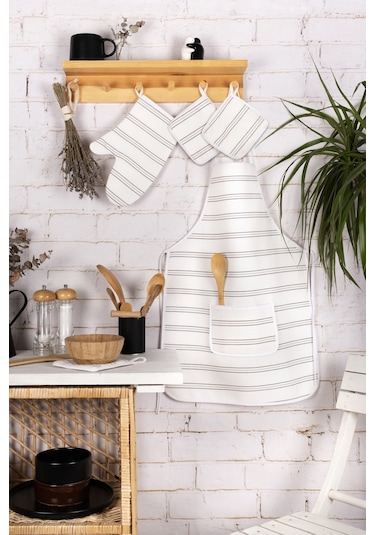 Morlay  İnce Çizgili ﻿﻿Mutfak Önlüğü Fırın Eldiveni ve Tutacak Takımı Mutfak Çeyiz Seti 4'lü Beyaz - Gri