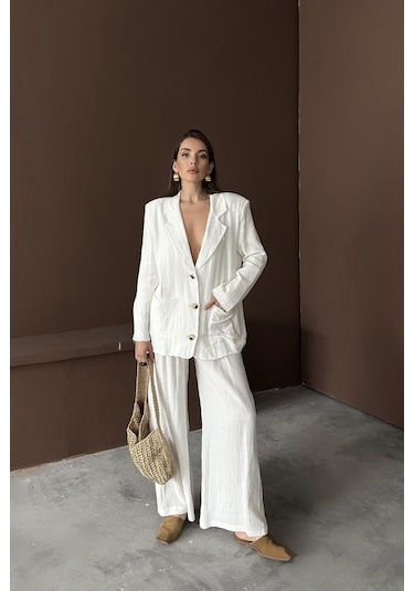 Beyaz Oversize Müslin Takım Beyaz