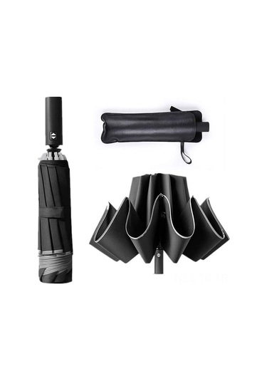 Skycity Otomatik Ters Çıkan 3 Katlı Şemsiye - Rüzgar Dayanıklı, Güneş Engellli, Reflektör Çizgili, Su Geçirmez Siyah 12t 210 Diğer