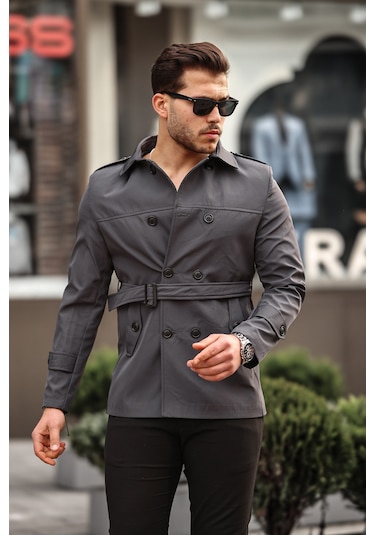 Mero Life Erkek Gri Mevsimlik Astarlı Kemerli Kruvaze Trençkot Gri