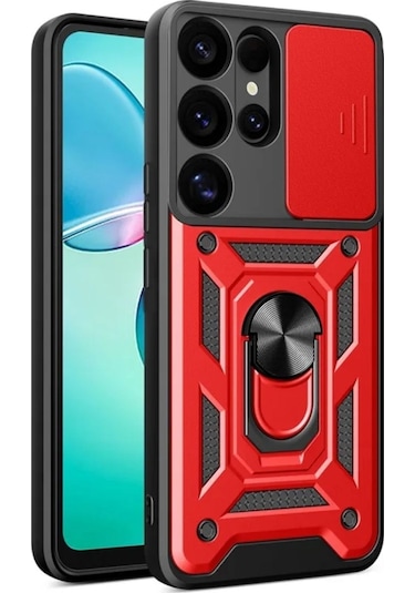 Samsung Galaxy S26 Ultra Uyumlu Tank Kılıf Yüzüklü Standlı Extra Koruma Zırhlı Kapak - Kırmızı