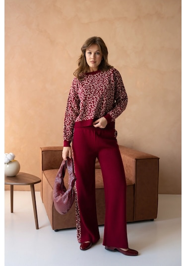 Kadın Geniş Yaka Desenli Kazak Pantolon İkili Triko Takım Bordo