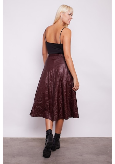 Kraş İnce Deri Yüksek Bel Yan Cepli Kiloş Uzun Etek-Mürdüm