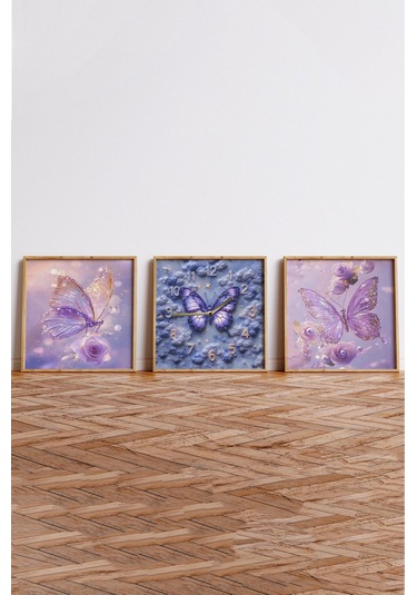 Mor Kelebekli Mdf Tablo Seti Ahşap Çerçeveli 3 Lü Saatli Kombin Renkli