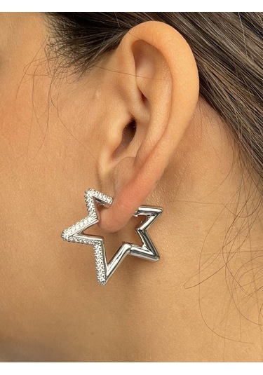 Taşlı Gümüş Renkli Yıldız Küpe Çok Renkli