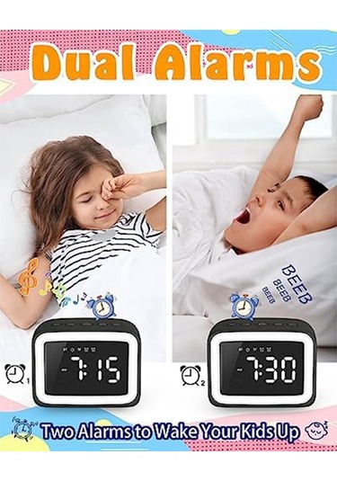 Çocuklar İçin Hoparlörlü Ve Kısılabilir Gece Lambası İle Çocuk Çalar Saati, Beyaz