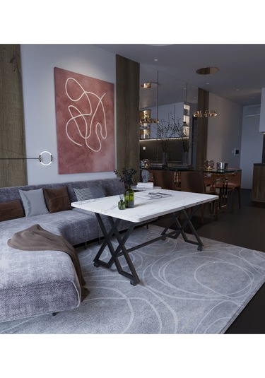 Makbulce Reyyan Orta Sehpa Siyah Metal Ayak Tekerlekli Beyaz Mermer