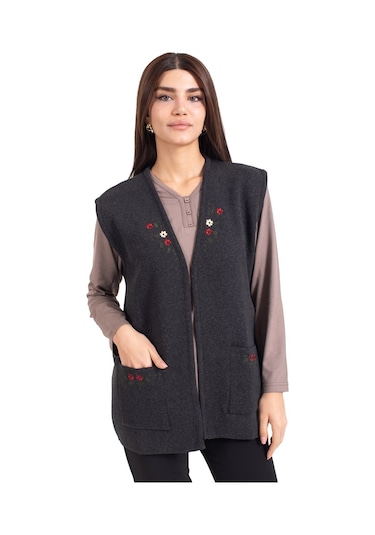 Kadın Orta Yaş Ve Üzeri Triko Örgü Düğmesiz Kanaviçe Desen Nakışlı Anne Yelek 310-siyah-füme Çok Renkli