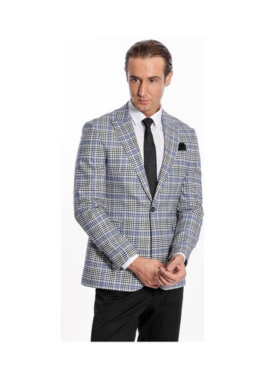 Wessi Ekose Desenli Slim Fit Siyah Mavi Erkek Ceket - Wessi Mavi - Siyah