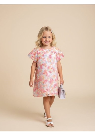 Zekids Kız Çocuk Çiçek İşlemeli Tasarım Elbise-17236 Renkli