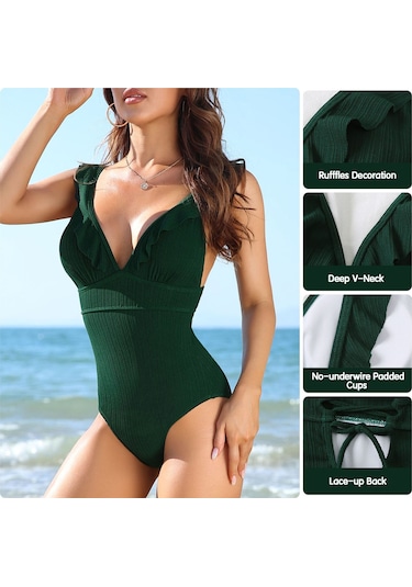 Mufunye Bayanlar İçin Siyah Tek Parça Mayo, Derin V Yaka, Paspas Detaylı, Sırt Bağcıklı, Slim Fit, Asya Beden L Siyah