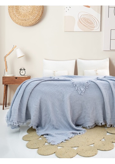 4 Katlı Müslin Yatak Örtüsü - Bebek Mavisi Renk Çift Kişilik Pike Açık Mavi