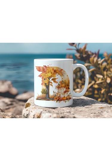 D Harf Sonbahar Yaprak Temalı Kupa Bardak - Sevimli Figürler İle Alfabe Harfli Bardak - Kişiye Özel Beyaz