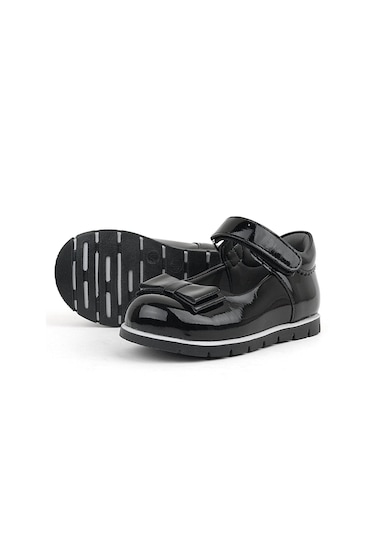 Rakerplus Siyah Rugan Fiyonklu Kız Bebek Babet Ayakkabı Siyah