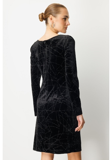 Ekol Kadın Önü Büzgülü Kadife Elbise 4035 Siyah Siyah