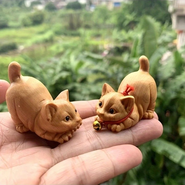 Trendooze Ahşap Kedi Figürü - Doğal Masüstü Dekor Çay Töreni El Yapımı Cloud011