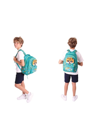 Kaukko Erkek Çocuk 3d Aslan Şekilli Yeşil Okul Sırt Çantası Ve Isı Yalıtımlı Beslenme Çantası Seti Yeşil