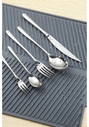 Rotanev Gri Büyük Boy Silikon Su Toplamaz Bulaşık Kurutma Matı Bulaşıklık - Bulaşık Altlığı 44 X 33 Cm