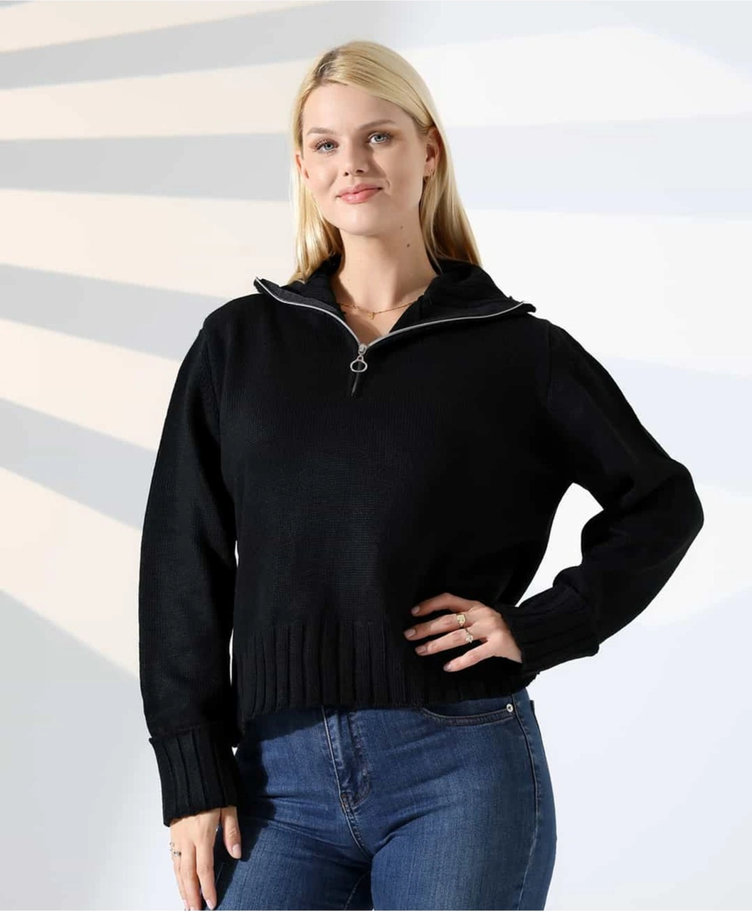 Yüksek Yaka Fermuarlı Triko Kazak Siyah