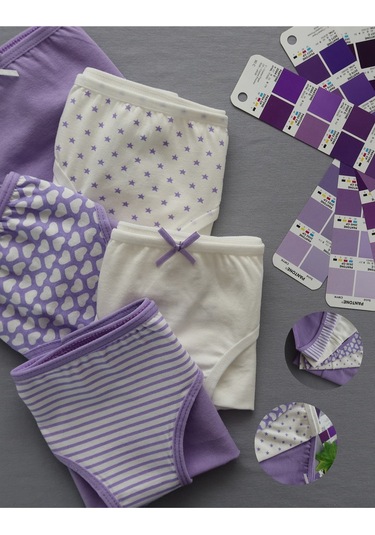Alya Underwear Kız Çocuk Kalpli Dokuma Lastik Pamuklu Kumaş Slip Külot 5'li Paket 5 Adet Beyaz Lila P28