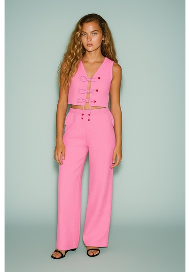 Dokulu Boncuk Detay Yelek Takım Pembe