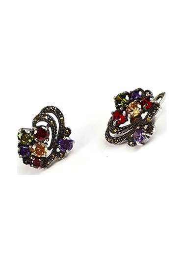 Renkli Zirkon Taşlı Markazit Taş Detaylı Gümüş Küpe