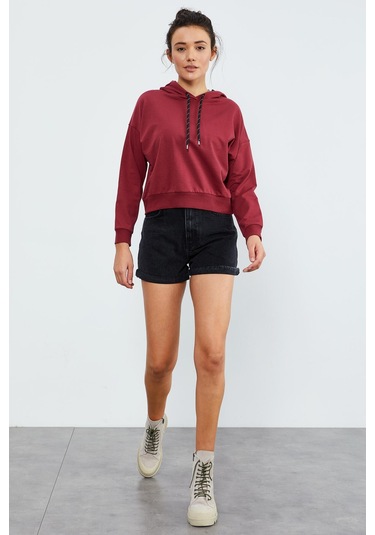 Tommy Life Bordo Uzun Kol Rahat Form Kapüşonlu Kadın Sweatshirt - 97115 Bordo