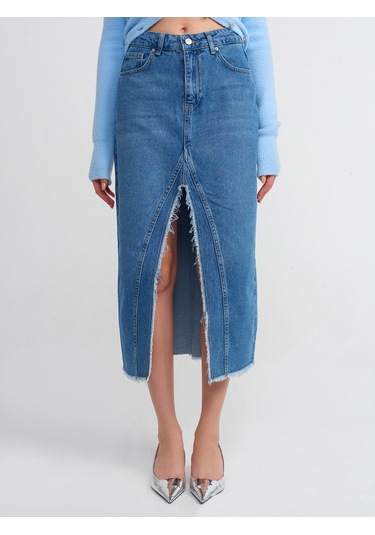 Dilvin Yırtmacı Püsküllü Uzun Etek Mavi