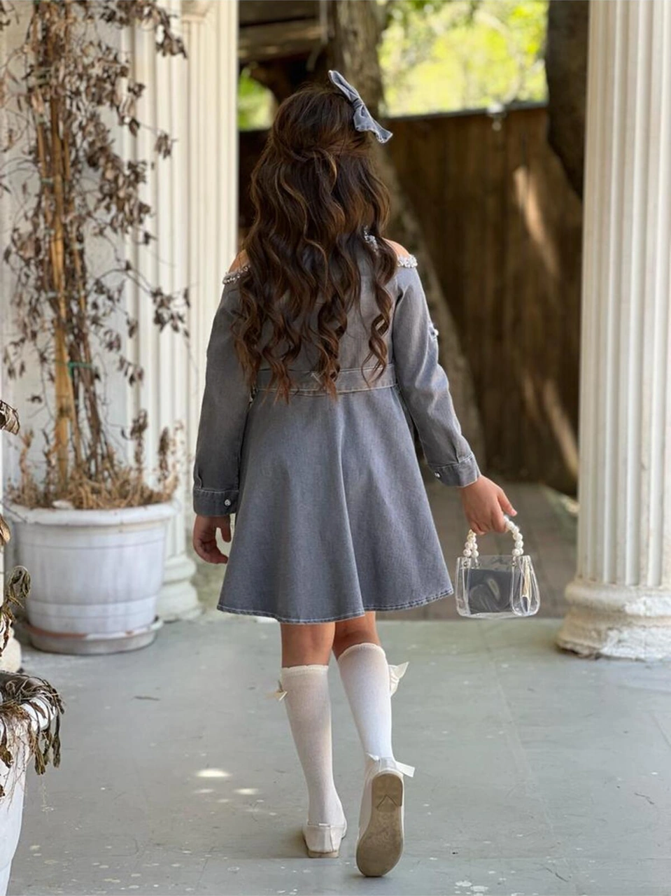 Çocuk Omuz Taşlı Püsküllü Kız Çocuk 5 Parça Kot Elbise Gri