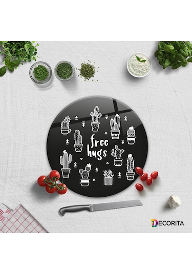 Decorita Cam Kesme Tahtası | Free Hugs - Siyah Fon | Çap32