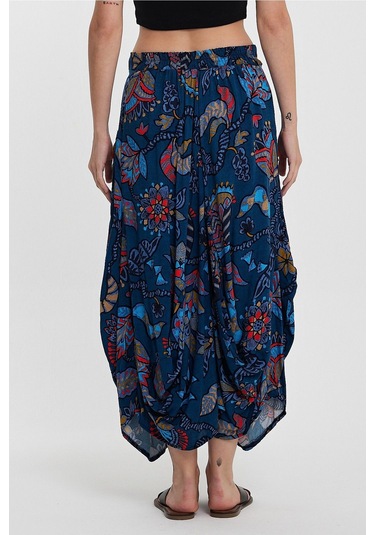 Schık Kadın Viskon Empirme Çiçek Baskı Bohem Stil Cepli Bel Lastikli Etek Lacivert