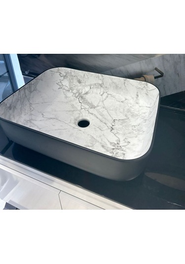 Boheme Scope 50 Cm Mat Siyah Calacatta Tezgah Üstü Çanak Lavabo Şık Tasarım Krom