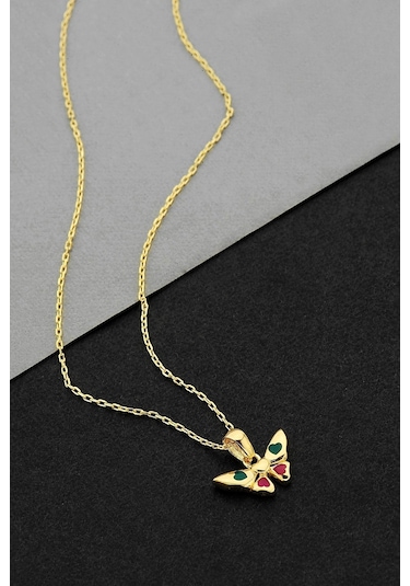 18k Altın Kaplamalı 925 Ayar Gümüş Kalpli Kelebek Kolye - 23173002 Altın