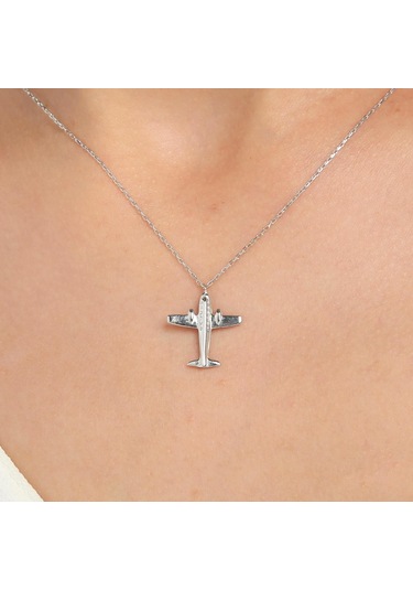 925 Ayar Gümüş Uçak Kolye, Beyaz 77170769