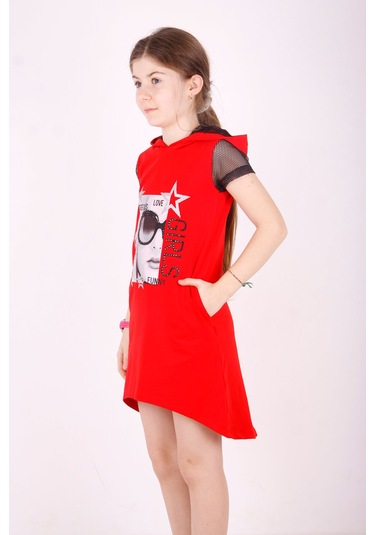 Toontoy Kız Çocuk Kapşonlu Cepli Elbise Kırmızı