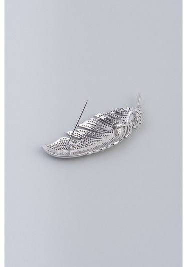 Baykuş Tüyü 18 Ayar Beyaz Altın Kaplama Gümüş Broş Beyaz