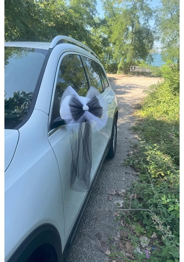 30 Adet Beyaz Siyah Kristal Tül Beyaz Latex Gül Kuyruk Detaylı Düğün Nikah Kına Sünnet Konvoy Süsü Beyaz Siyah