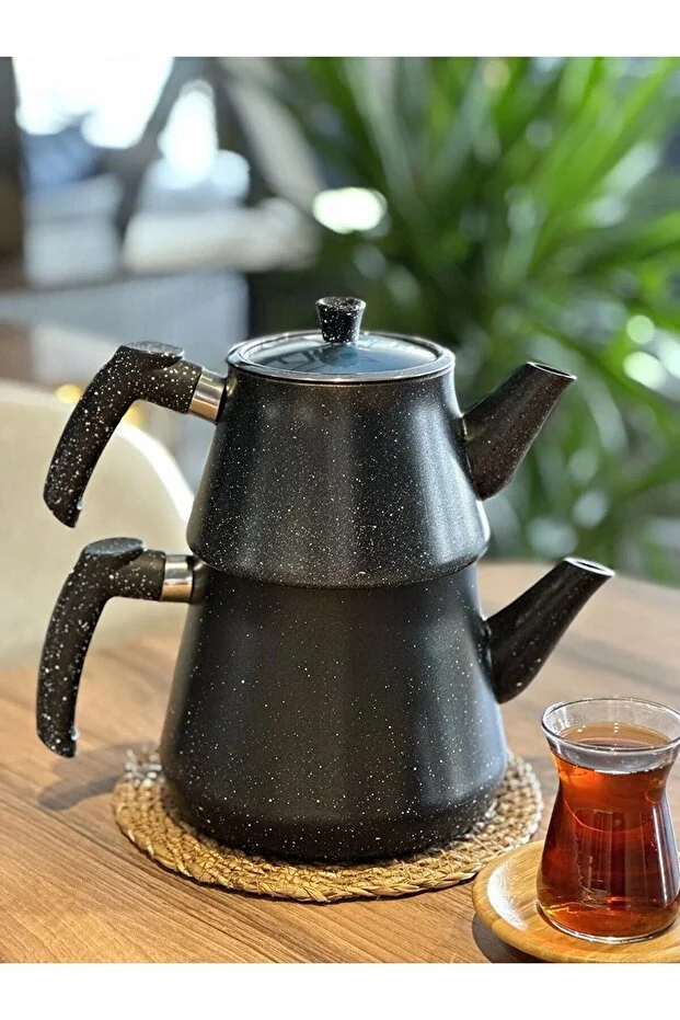 Granit Kaplama Pramit Cam Kapaklı Çaydanlık Siyah Siyah