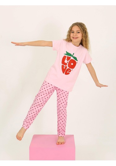 Kız Çocuk Kısa Kollu %100 Pamuklu Pijama Takımı Cute Love Toz Pembe